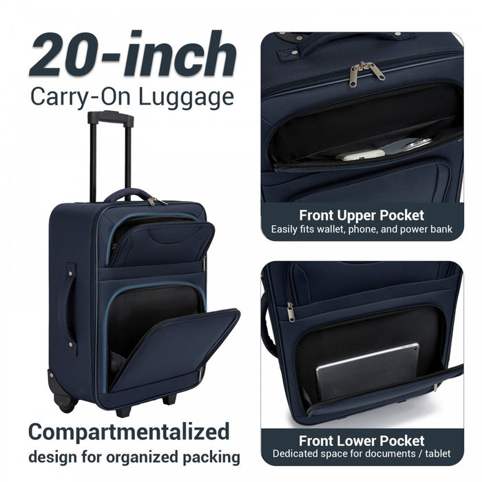 KSN2586 - 3 Piece 20 Inch Soft-shell Luggage Set with Cabin Shoulder Bag & Toiletry Bag, Lightweight Carry-On Travel Combo - Navy
