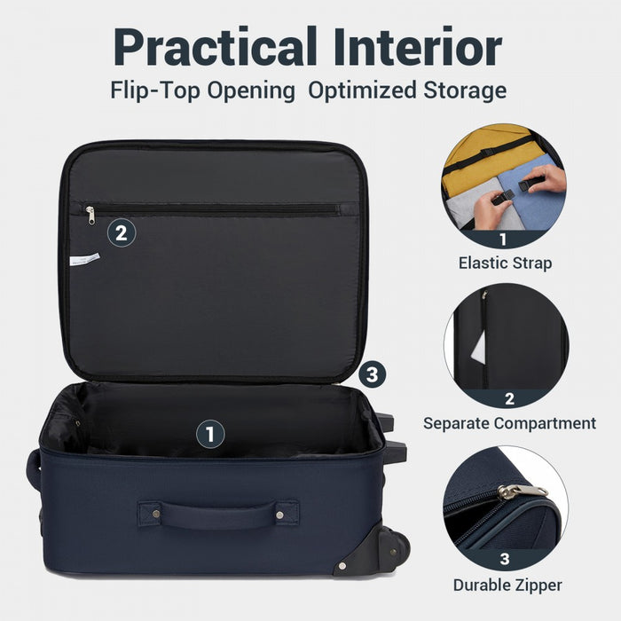 KSN2586 - 3 Piece 20 Inch Soft-shell Luggage Set with Cabin Shoulder Bag & Toiletry Bag, Lightweight Carry-On Travel Combo - Navy