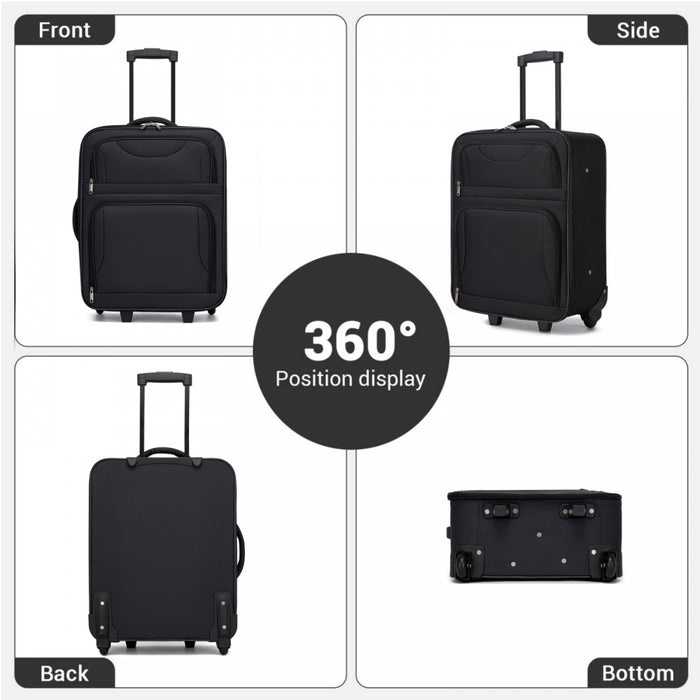 KSN2586 - 3 Piece 20 Inch Soft-shell Luggage Set with Cabin Shoulder Bag & Toiletry Bag, Lightweight Carry-On Travel Combo - Black
