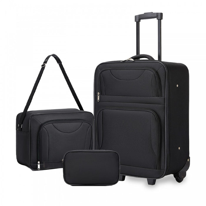 KSN2586 - 3 Piece 20 Inch Soft-shell Luggage Set with Cabin Shoulder Bag & Toiletry Bag, Lightweight Carry-On Travel Combo - Black