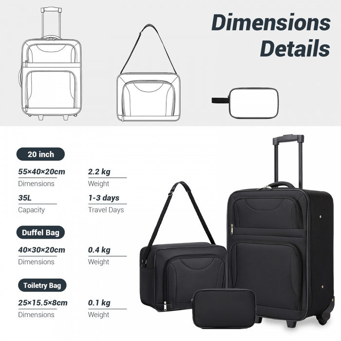 KSN2586 - 3 Piece 20 Inch Soft-shell Luggage Set with Cabin Shoulder Bag & Toiletry Bag, Lightweight Carry-On Travel Combo - Black