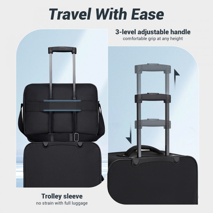 KSN2586 - 3 Piece 20 Inch Soft-shell Luggage Set with Cabin Shoulder Bag & Toiletry Bag, Lightweight Carry-On Travel Combo - Black