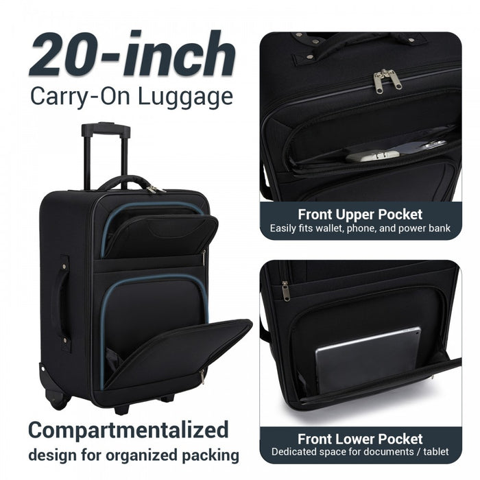 KSN2586 - 3 Piece 20 Inch Soft-shell Luggage Set with Cabin Shoulder Bag & Toiletry Bag, Lightweight Carry-On Travel Combo - Black