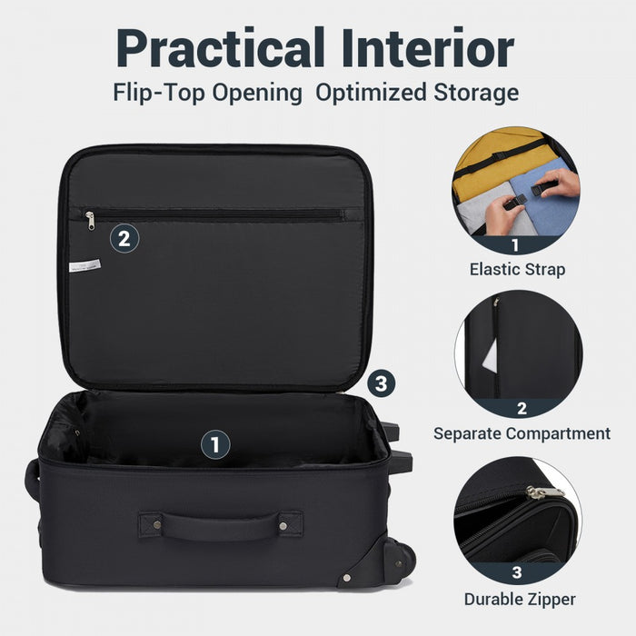KSN2586 - 3 Piece 20 Inch Soft-shell Luggage Set with Cabin Shoulder Bag & Toiletry Bag, Lightweight Carry-On Travel Combo - Black