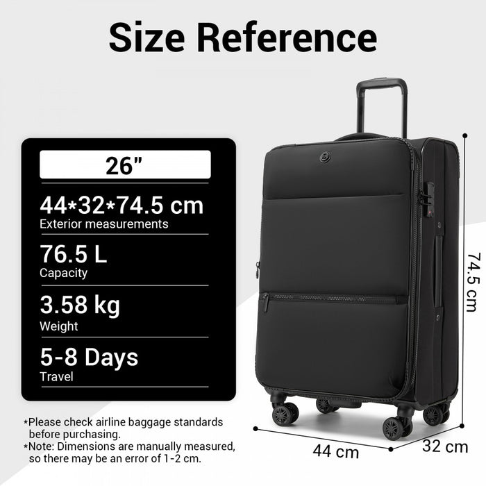 KSN2593 - 26 inch Women's Lightweight Softshell Suitcase with Spinner Wheels and Spacious Compartments - Black