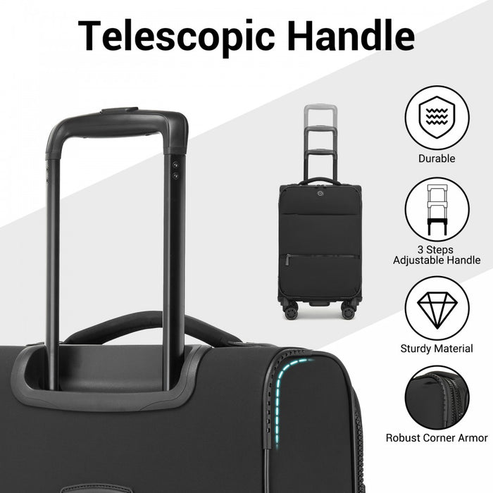 KSN2593 - 3 Piece Softshell Expandable Luggage Set 20/26/30 Inch, Lightweigh Suitcase with Silent Wheels & Organised Interior for Travel - Black