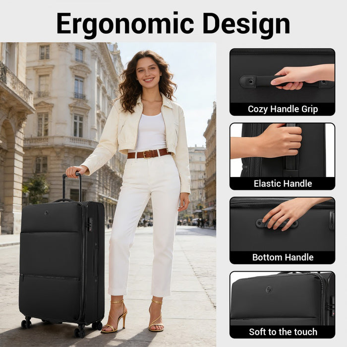 KSN2593 - 30 inch Women's Lightweight Softshell Suitcase with Spinner Wheels and Spacious Compartments - Black