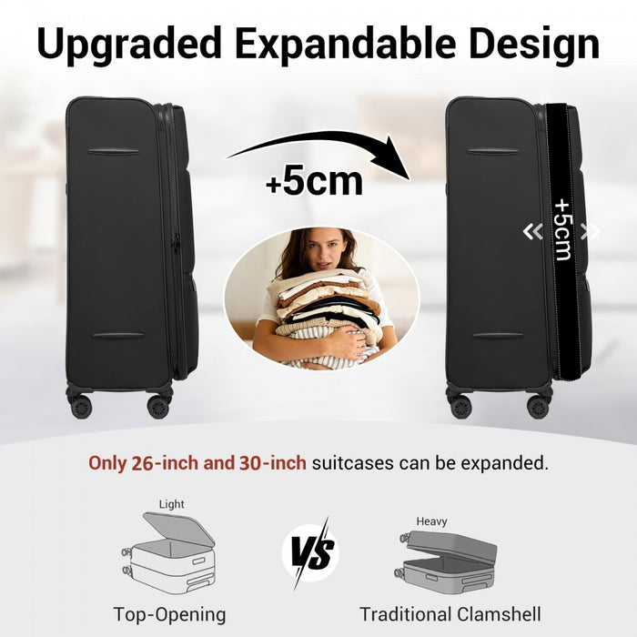 KSN2593 - 3 Piece Softshell Expandable Luggage Set 20/26/30 Inch, Lightweigh Suitcase with Silent Wheels & Organised Interior for Travel - Black