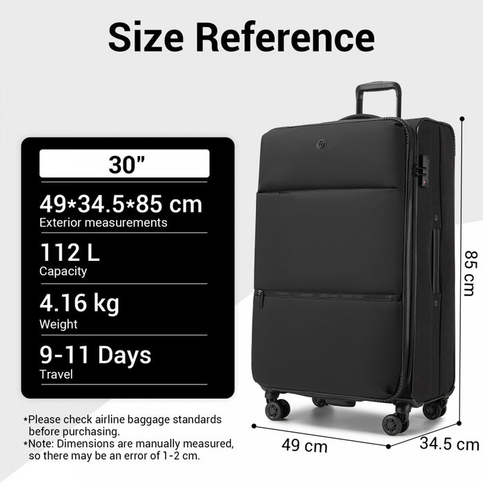 KSN2593 - 30 inch Women's Lightweight Softshell Suitcase with Spinner Wheels and Spacious Compartments - Black