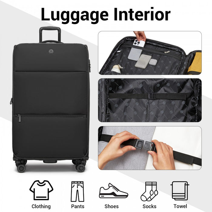 KSN2593 - 30 inch Women's Lightweight Softshell Suitcase with Spinner Wheels and Spacious Compartments - Black