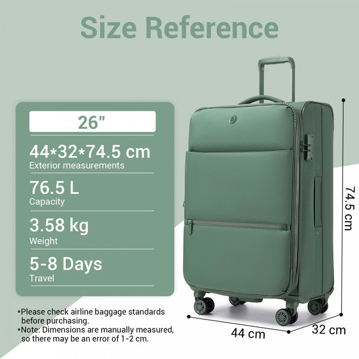 KSN2593 - 26 inch Women's Lightweight Softshell Suitcase with Spinner Wheels and Spacious Compartments - Green
