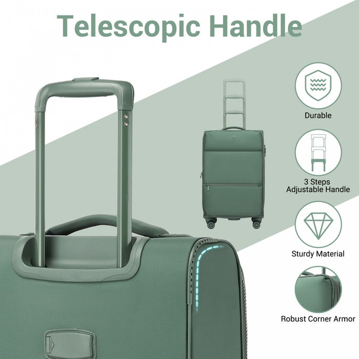 KSN2593 - 3 Piece Softshell Expandable Luggage Set 20/26/30 Inch, Lightweigh Suitcase with Silent Wheels & Organised Interior for Travel - Green