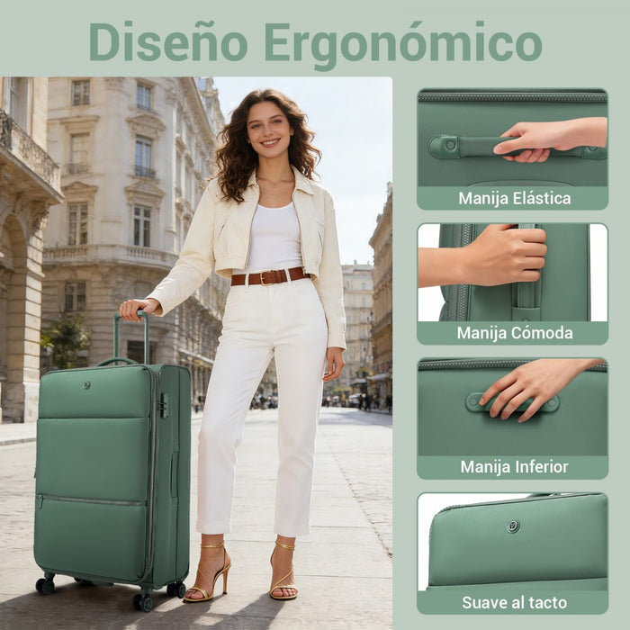 KSN2593 - 3 Piece Softshell Expandable Luggage Set 20/26/30 Inch, Lightweigh Suitcase with Silent Wheels & Organised Interior for Travel - Green