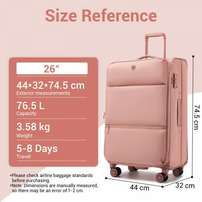 KSN2593 - 3 Piece Softshell Expandable Luggage Set 20/26/30 Inch, Lightweigh Suitcase with Silent Wheels & Organised Interior for Travel - Pink