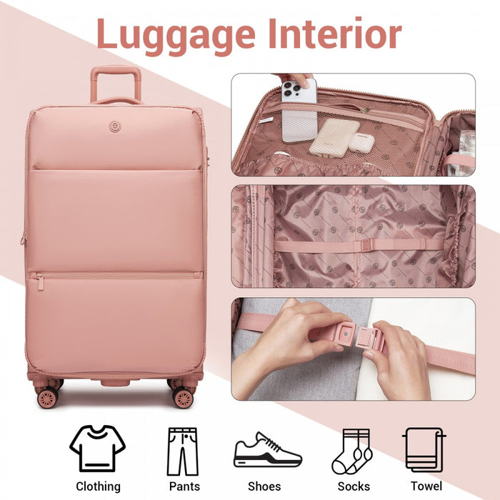 KSN2593 - 30 inch Women's Lightweight Softshell Suitcase with Spinner Wheels and Spacious Compartments - Pink