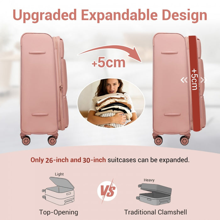 KSN2593 - 26 inch Women's Lightweight Softshell Suitcase with Spinner Wheels and Spacious Compartments - Pink