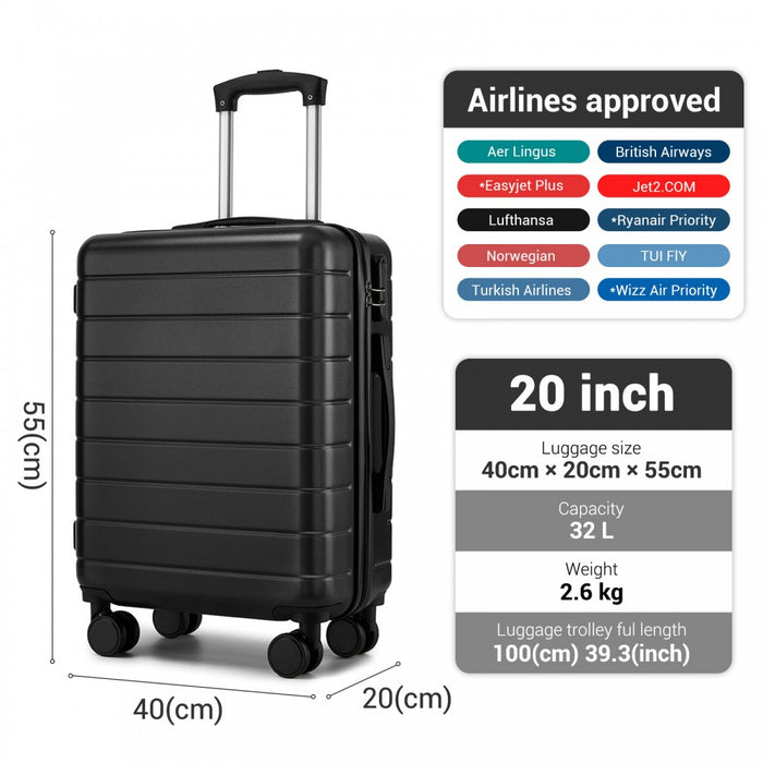KSN2691 - 20 Inch Carry-On Luggage, Lightweight ABS Hard Shell Suitcase with 360 Silent Wheels, Combination Lock & Organised Interior - Black