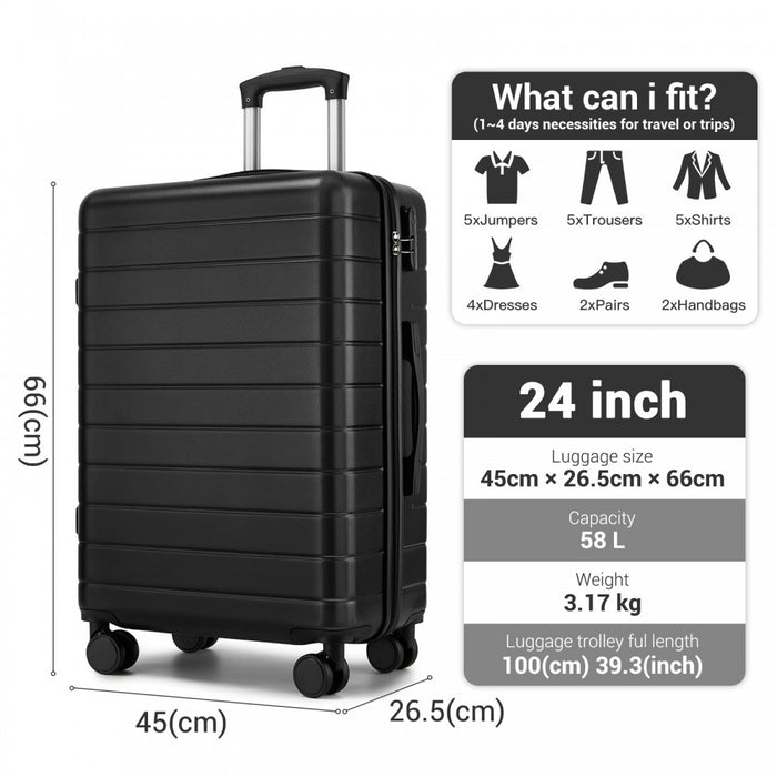 KSN2691 - 24 Inch Checked Luggage, Durable ABS Hard Shell Suitcase with 360 Silent Spinner Wheels & Secure Combination Lock - Black