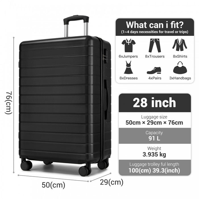 KSN2691 - 28 Inch Large Checked Luggage, Premium ABS Hard Shell Suitcase with 360 Silent Wheels & Secure Combination Lock - Black
