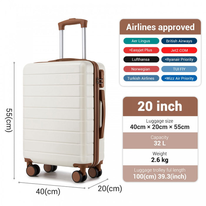 KSN2691 - 20 Inch Carry-On Luggage, Lightweight ABS Hard Shell Suitcase with 360 Silent Wheels, Combination Lock & Organised Interior - Cream and Brown
