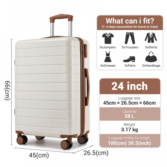 KSN2691 - 24 Inch Checked Luggage, Durable ABS Hard Shell Suitcase with 360 Silent Spinner Wheels & Secure Combination Lock - Cream And Brown