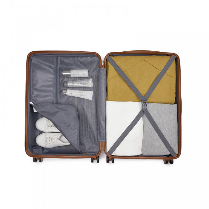 KSN2691 - 24 Inch Checked Luggage, Durable ABS Hard Shell Suitcase with 360 Silent Spinner Wheels & Secure Combination Lock - Cream And Brown
