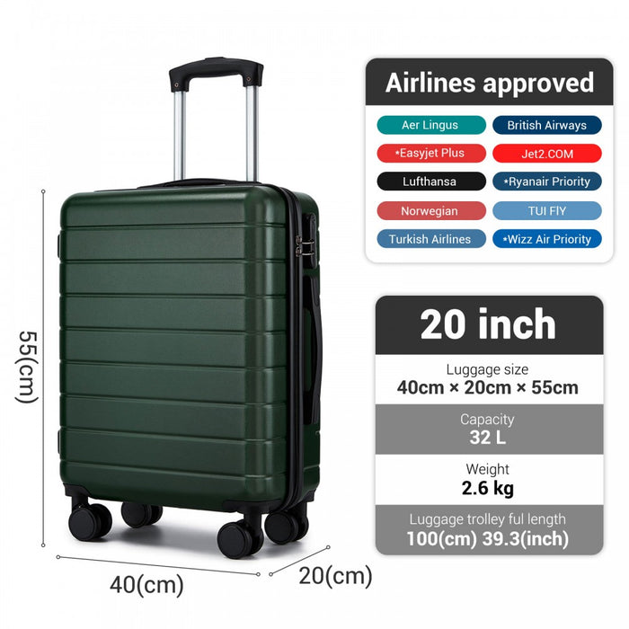 KSN2691 - 20 Inch Carry-On Luggage, Lightweight ABS Hard Shell Suitcase with 360 Silent Wheels, Combination Lock & Organised Interior - Green