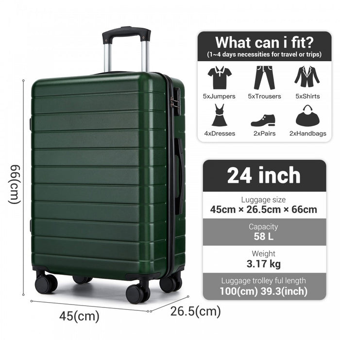 KSN2691 - 24 Inch Checked Luggage, Durable ABS Hard Shell Suitcase with 360 Silent Spinner Wheels & Secure Combination Lock - Green