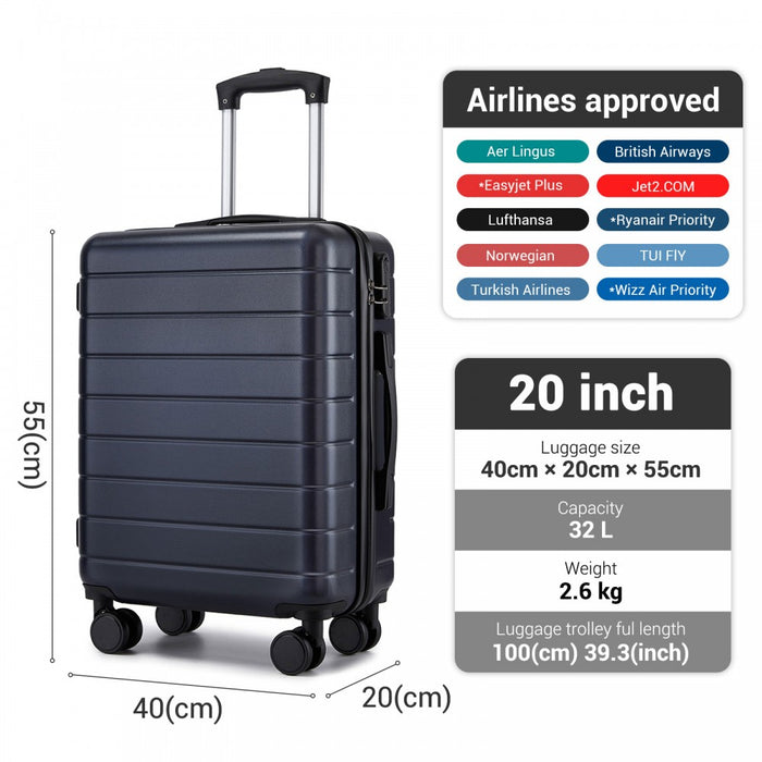 KSN2691 - 20 Inch Carry-On Luggage, Lightweight ABS Hard Shell Suitcase with 360 Silent Wheels, Combination Lock & Organised Interior - Navy