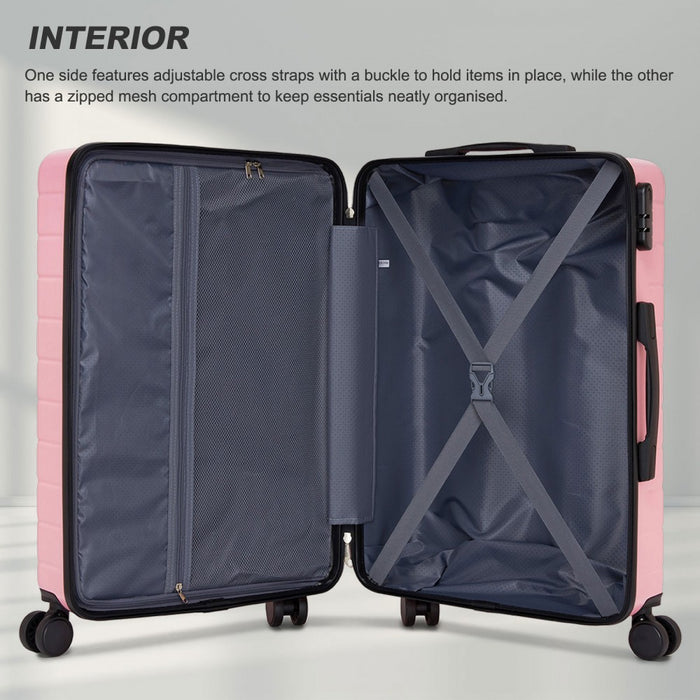 KSN2691 - 24 Inch Checked Luggage, Durable ABS Hard Shell Suitcase with 360 Silent Spinner Wheels & Secure Combination Lock - Pink