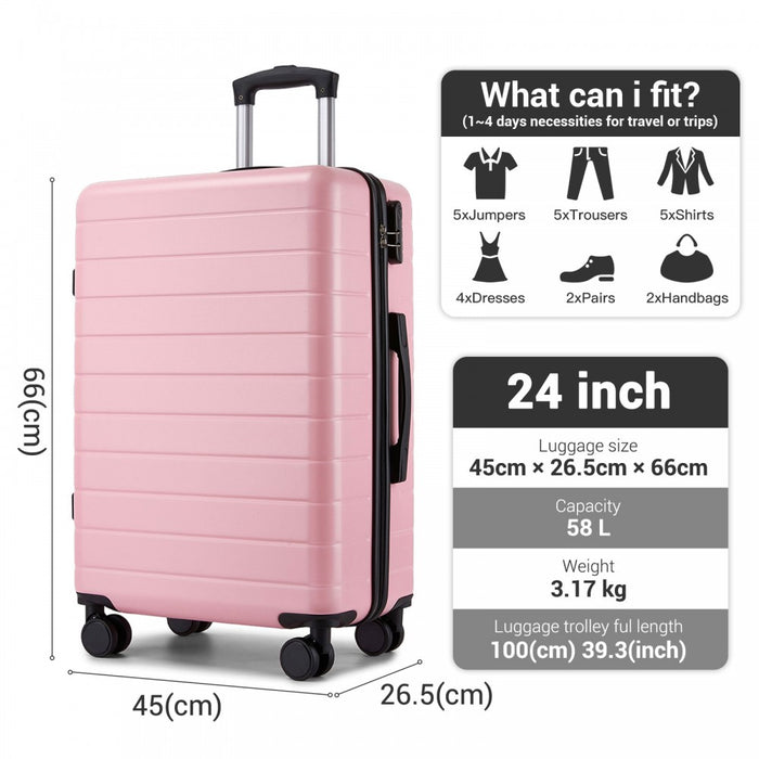 KSN2691 - 24 Inch Checked Luggage, Durable ABS Hard Shell Suitcase with 360 Silent Spinner Wheels & Secure Combination Lock - Pink