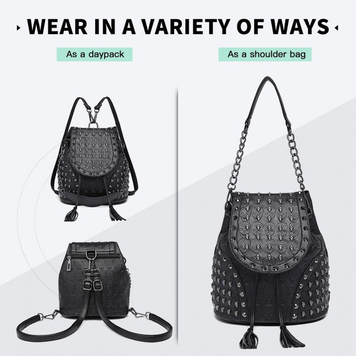 L1414 - Miss Lulu Skull Studded Backpack Shoulder Bag - Black