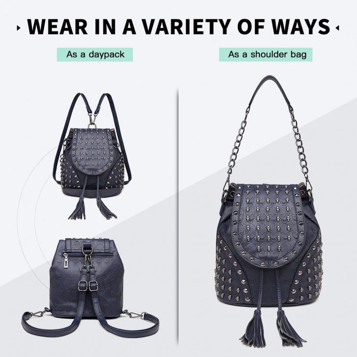 L1414 - Miss Lulu Skull Studded Backpack Shoulder Bag - Navy