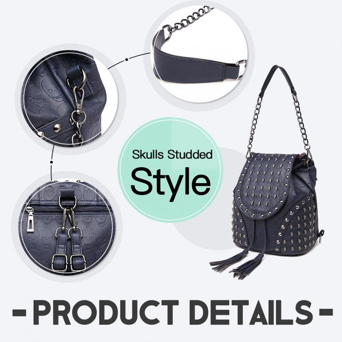 L1414 - Miss Lulu Skull Studded Backpack Shoulder Bag - Navy