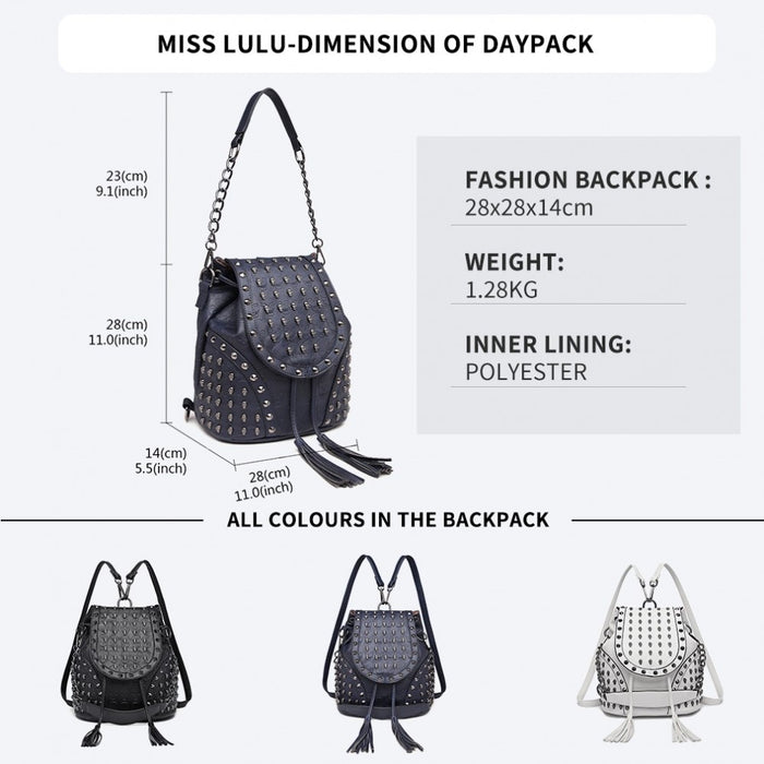 L1414 - Miss Lulu Skull Studded Backpack Shoulder Bag - Navy