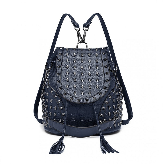 L1414 - Miss Lulu Skull Studded Backpack Shoulder Bag - Navy
