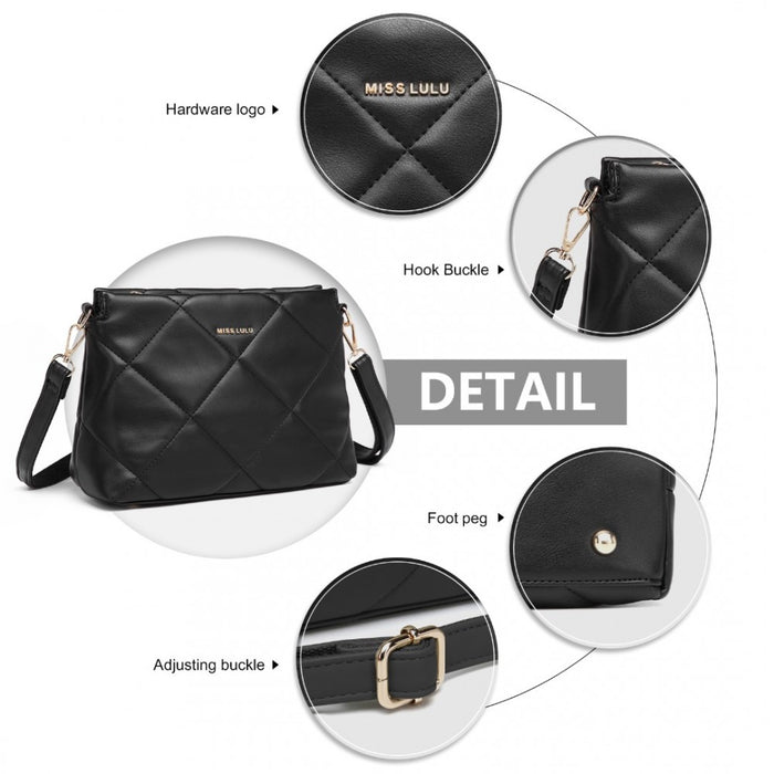 LB2237 - Miss Lulu PU Leather Rhombus Shoulder Bag - Black