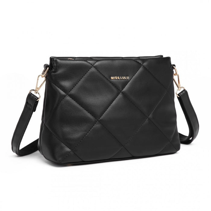 LB2237 - Miss Lulu PU Leather Rhombus Shoulder Bag - Black