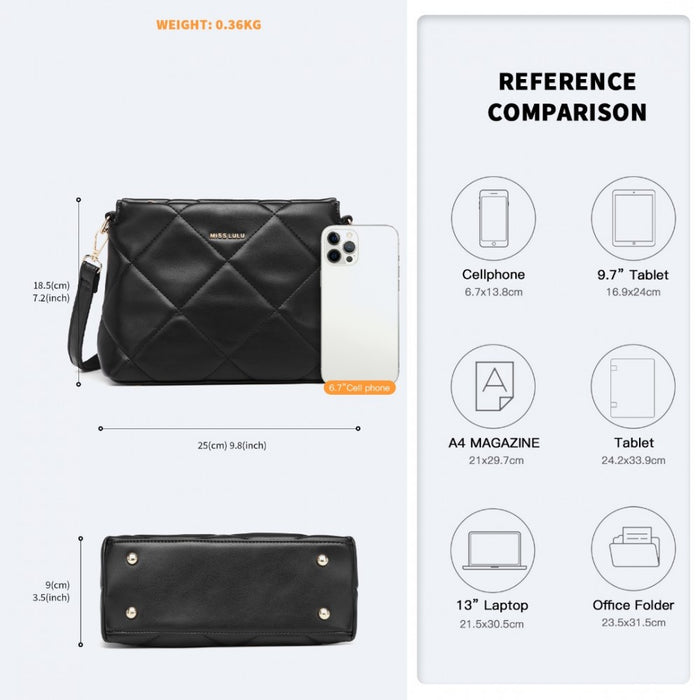 LB2237 - Miss Lulu PU Leather Rhombus Shoulder Bag - Black
