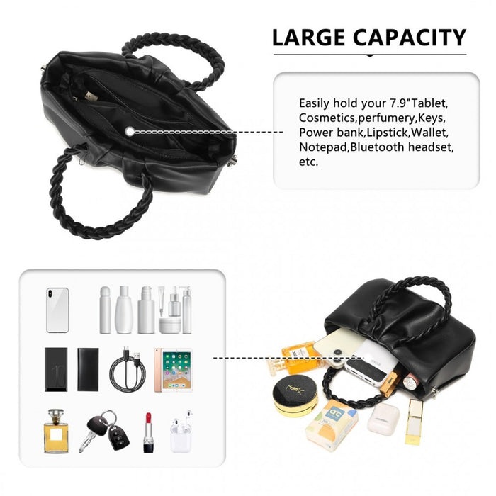 LB2368 - Miss Lulu Elegant PU Leather Braided Handle Cross Body Bag - Black