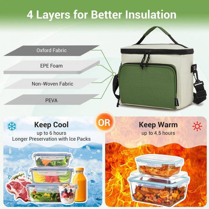 LBK2534 - Kono Insulated Lunch Bag-Water-Resistant 4-Layer Food Container, Leak-Proof, Portable with Adjustable Strap - Beige and Green