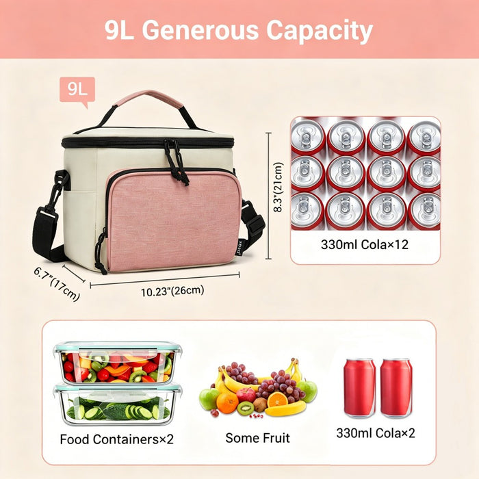 LBK2534 - Kono Insulated Lunch Bag-Water-Resistant 4-Layer Food Container, Leak-Proof, Portable with Adjustable Strap - Beige and Pink