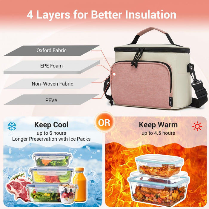 LBK2534 - Kono Insulated Lunch Bag-Water-Resistant 4-Layer Food Container, Leak-Proof, Portable with Adjustable Strap - Beige and Pink