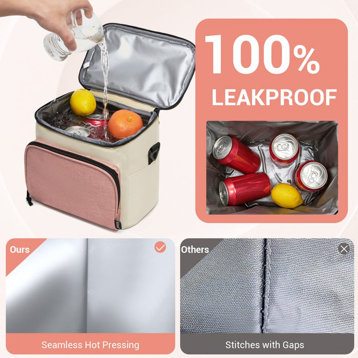 LBK2534 - Kono Insulated Lunch Bag-Water-Resistant 4-Layer Food Container, Leak-Proof, Portable with Adjustable Strap - Beige and Pink