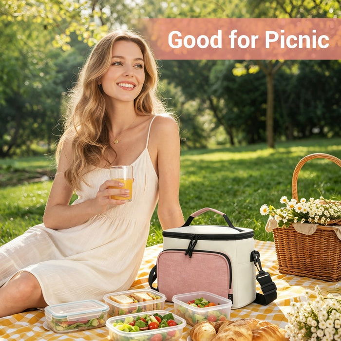 LBK2534 - Kono Insulated Lunch Bag-Water-Resistant 4-Layer Food Container, Leak-Proof, Portable with Adjustable Strap - Beige and Pink