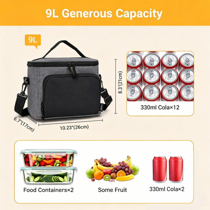 LBK2534 - Kono Insulated Lunch Bag-Water-Resistant 4-Layer Food Container, Leak-Proof, Portable with Adjustable Strap - Grey and Black