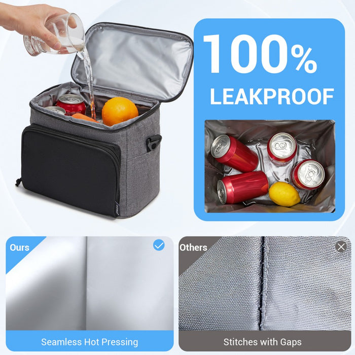 LBK2534 - Kono Insulated Lunch Bag-Water-Resistant 4-Layer Food Container, Leak-Proof, Portable with Adjustable Strap - Grey and Black