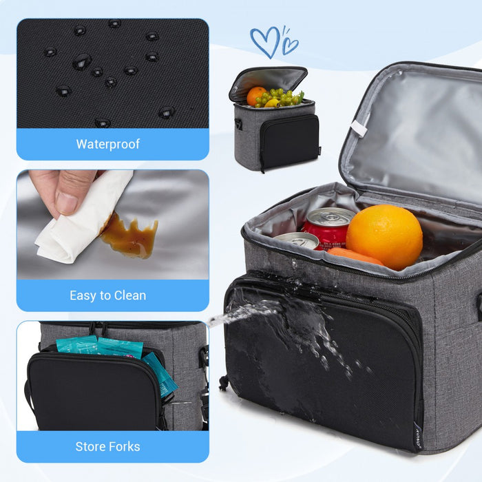 LBK2534 - Kono Insulated Lunch Bag-Water-Resistant 4-Layer Food Container, Leak-Proof, Portable with Adjustable Strap - Grey and Black
