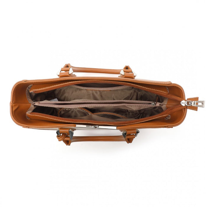 LG1641 - Miss Lulu Leather Look V-Shape Shoulder Handbag - Brown And Beige