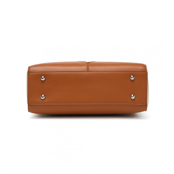LG1641 - Miss Lulu Leather Look V-Shape Shoulder Handbag - Brown And Beige